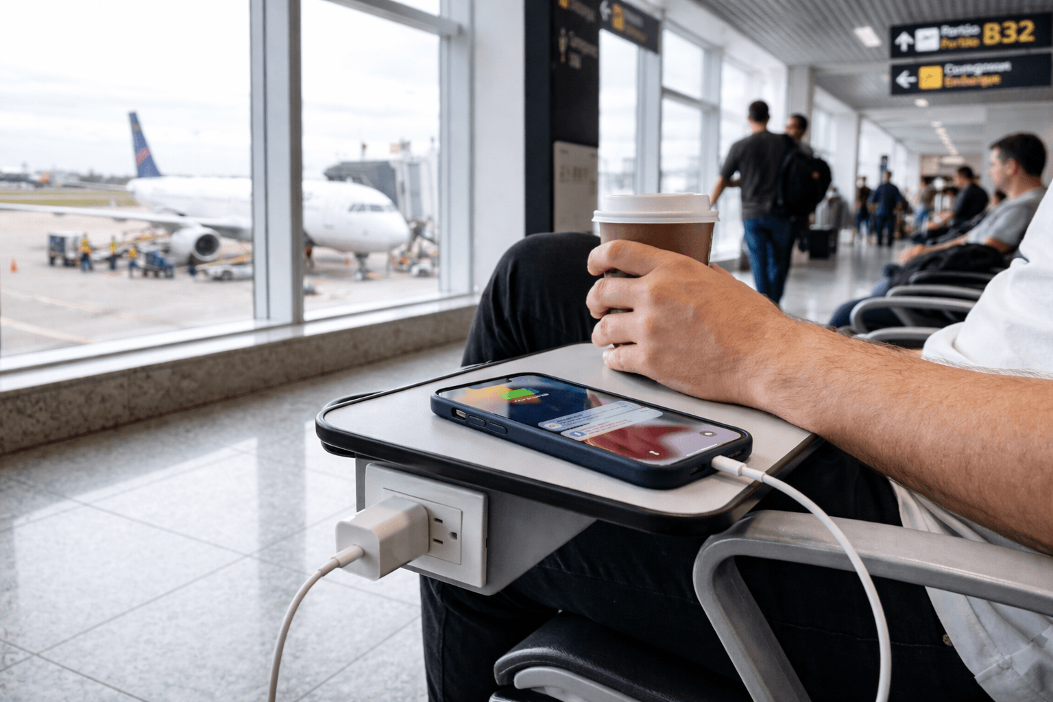 Pessoa conectando cabo MagSafe ao iPhone em mesa de trabalho