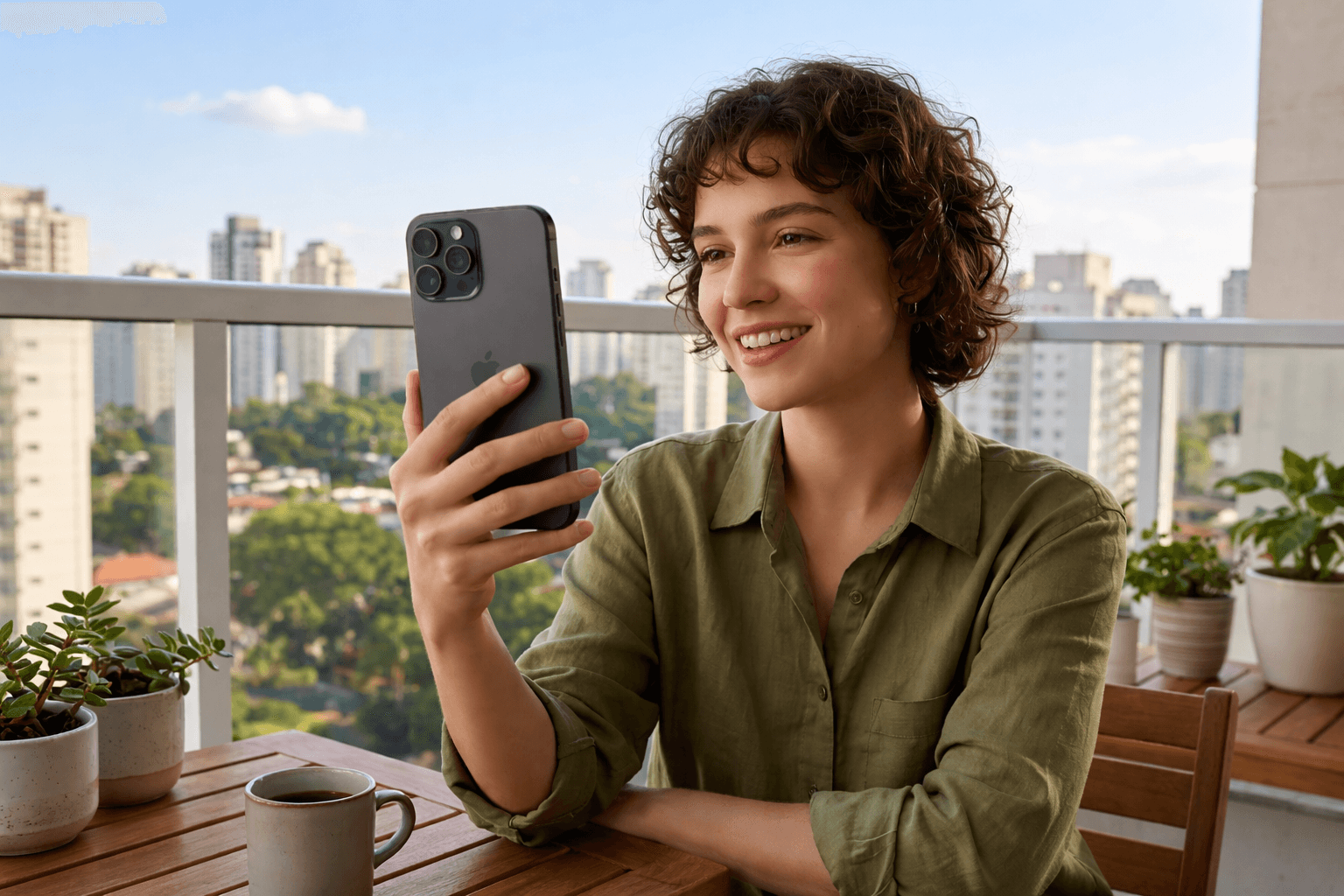 Pessoa fazendo videochamada com iPhone 17, câmera frontal em uso