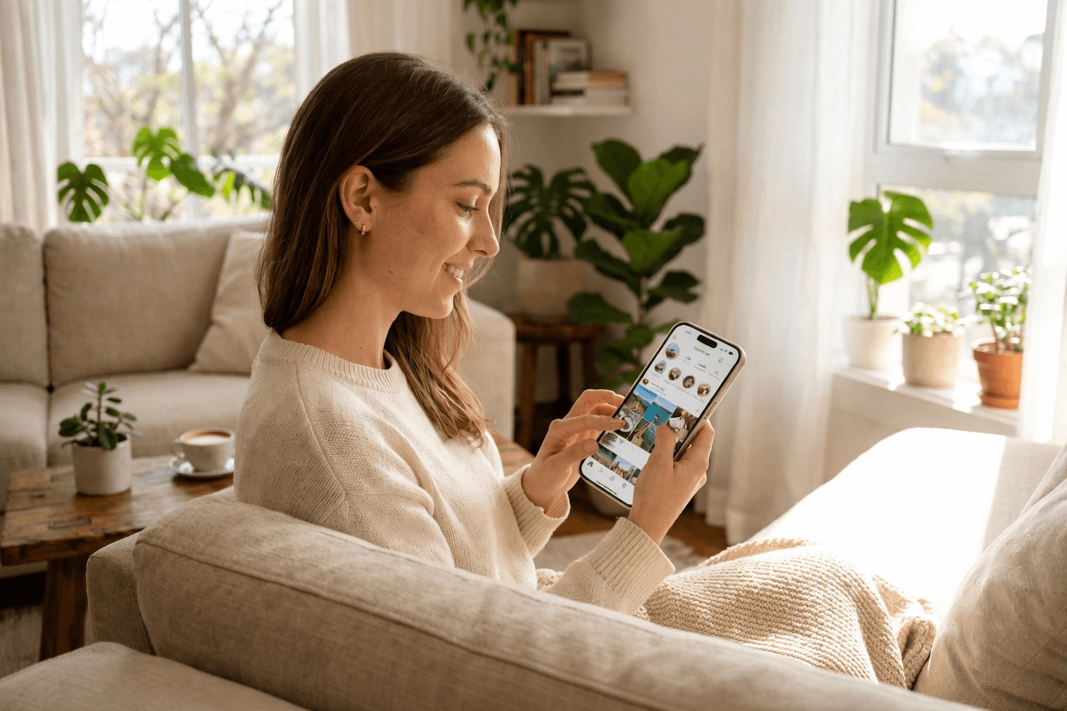 Pessoa rolando feed de redes sociais no iPhone 16 em ambiente com luz natural